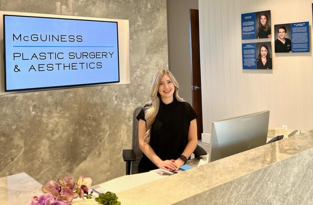 A view of our front desk where you'll check in to see the best plastic surgeon in Plano for your every need.